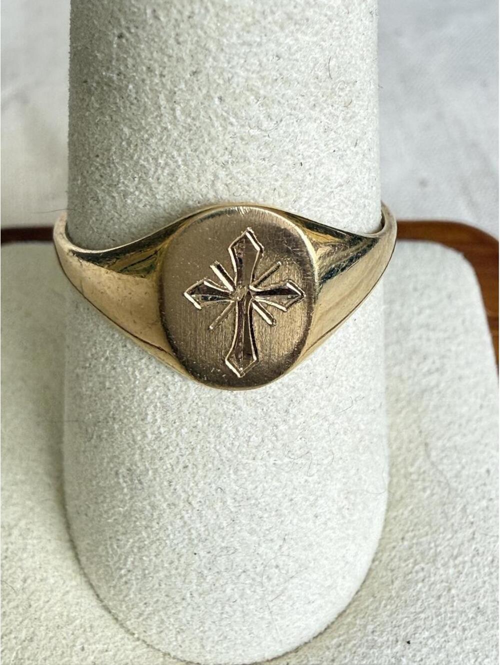 Gold Tone Engraved Cross Signet Ring Statement Size 9.25